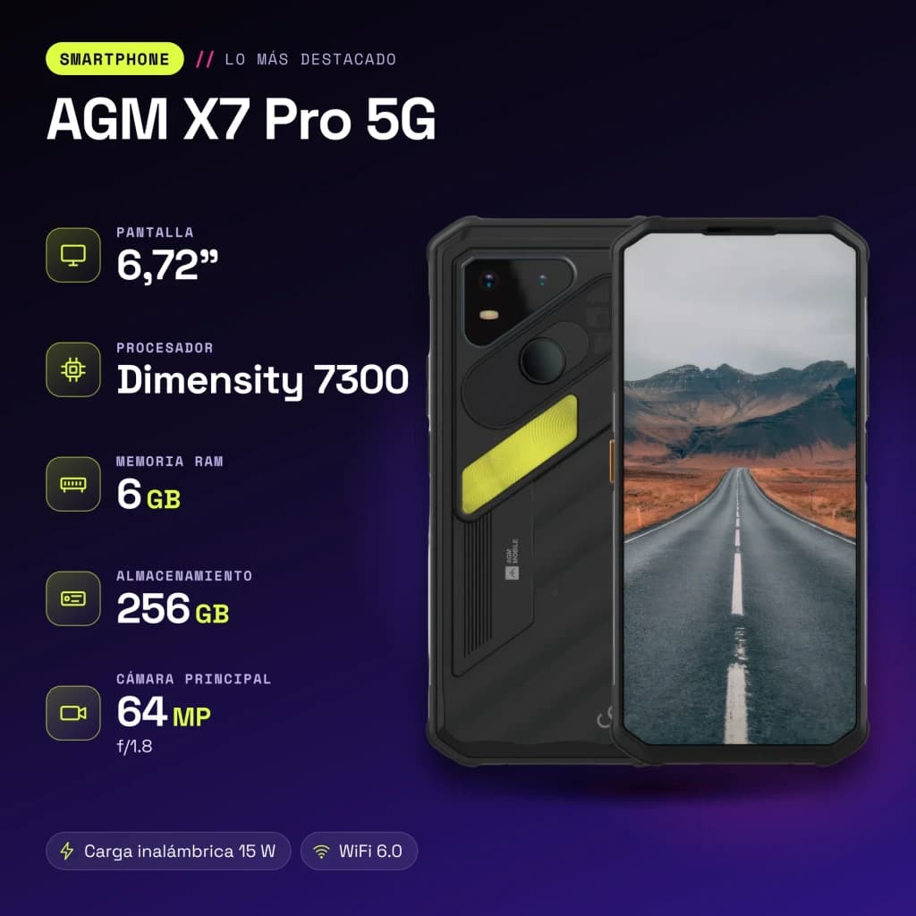 AGM X7 Pro 5G Noir 6Go/256Go MIL-STD-810H 10000mAh Vision Thermique 25fps - caractéristiques