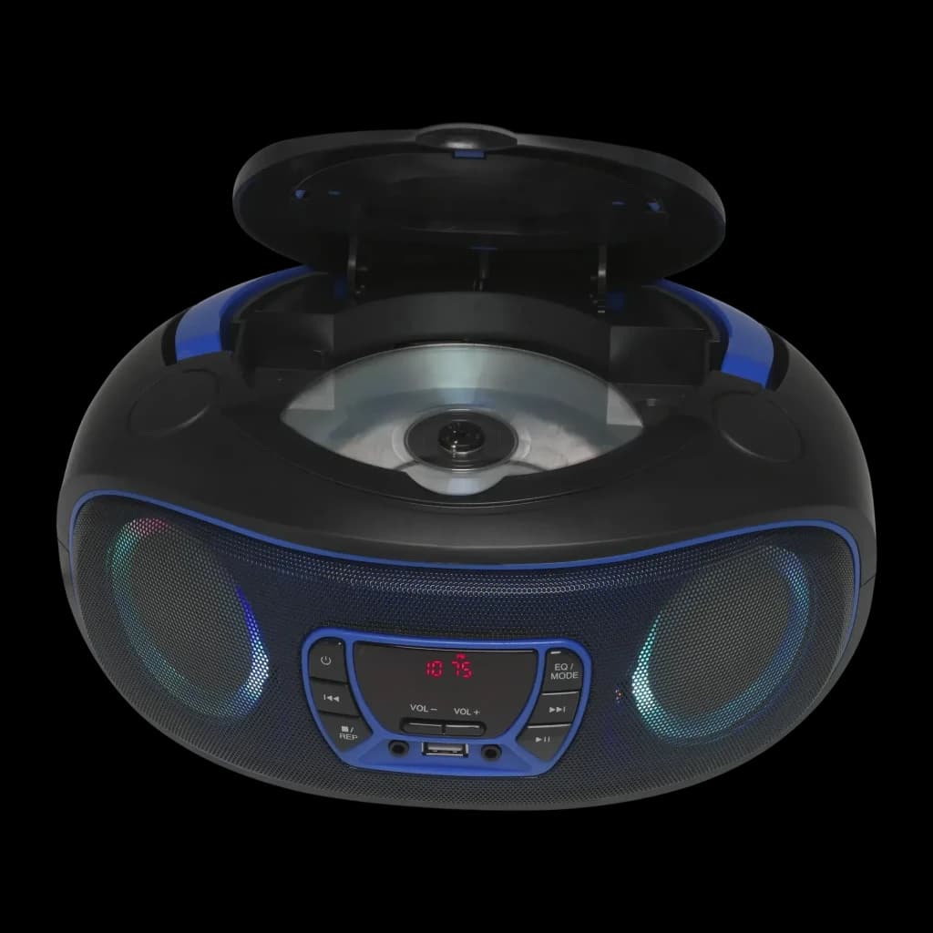 Lecteur CD Denver FM Secteur / Piles Bluetooth Bleu TCL-212BT - couvercle ouvert avec CD, haut-parleurs LED