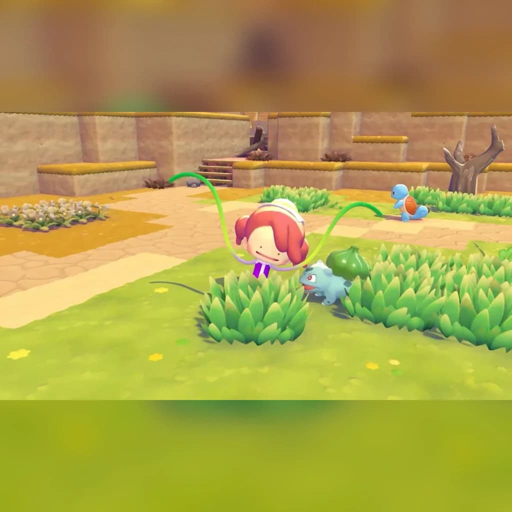 Jeu Nintendo Pokémon Pokopia Switch 2 Standard - personnage avec Bulbasaur et Squirtle dans zone herbeuse