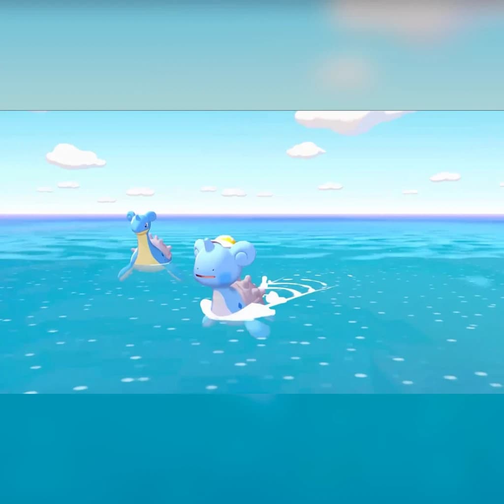 Jeu Nintendo Pokémon Pokopia Switch 2 Standard - Lapras et Marill sur l'océan bleu sous un ciel nuageux