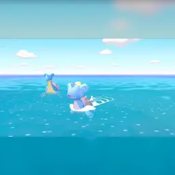 Jeu Nintendo Pokémon Pokopia Switch 2 Standard - Lapras et Marill sur l'océan bleu sous un ciel nuageux