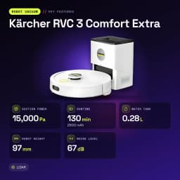 Robot Aspirador Kärcher RVC 3 Comfort Extra Branco LiDAR Lavagem 15000Pa 130min - características, 50/60 Hz