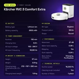 Robot Aspirador Kärcher RVC 3 Comfort Extra Branco LiDAR Lavagem 15000Pa 130min - características, 212 x 167 x 260 mm