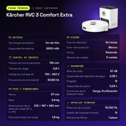 Robot Aspirador Kärcher RVC 3 Comfort Extra Branco LiDAR Lavagem 15000Pa 130min - características, 2,8 kg