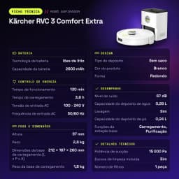 Robot Aspirador Kärcher RVC 3 Comfort Extra Branco LiDAR Lavagem 15000Pa 130min - características, 7 kg