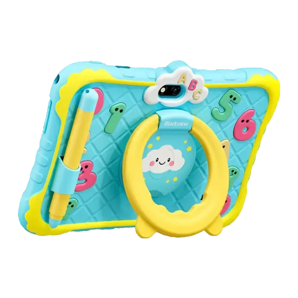 Blackview Link Lite Kids 2GB/32GB Azul, vista trasera: funda infantil azul y amarilla con anillo soporte, lápiz y módulo