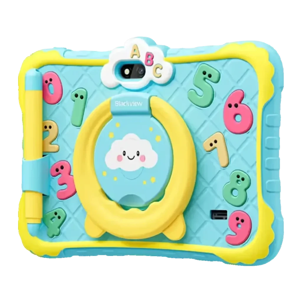 Blackview Link Lite Kids 32GB azul, parte trasera: funda infantil con números, anillo soporte, nube y módulo de cámaras