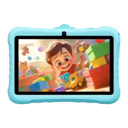 Blackview Link Lite Kids 2GB/32GB azul, vista frontal: pantalla con animación infantil y funda protectora azul con esquinas