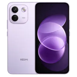 Smartphone lilas Redmi avec écran AMOLED 6,83 pouces 120Hz, bords fins, double module photo arrière 50MP proéminent et caméra frontale centrée