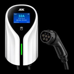Chargeur Voiture Électrique SJL Station de Charge 11kW Type 2 Câble 5m, vue avant: écran LCD affichant 32A, LED verte