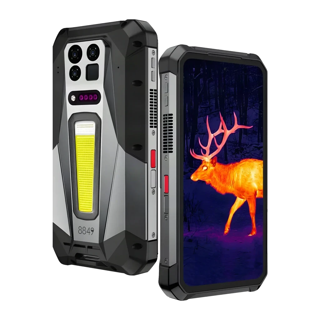 Smartphone robuste Unihertz 8849 Tank 5 Pro 5G avec écran AMOLED 6,73 120Hz, module caméra thermique, projecteur LED arrière, boutons rouges, coque