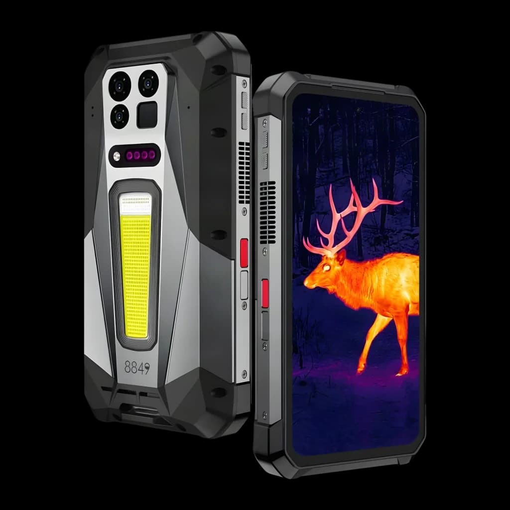 Smartphone robuste Unihertz 8849 Tank 5 Pro 5G avec écran AMOLED 6,73 120Hz, module caméra thermique, projecteur LED arrière, boutons rouges, coque
