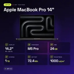 Ordinateur portable Apple MacBook Pro 14 pouces M5 Pro CPU 15/GPU 16 cœurs 24Go/1To SSD Noir sidéral - 24 GB