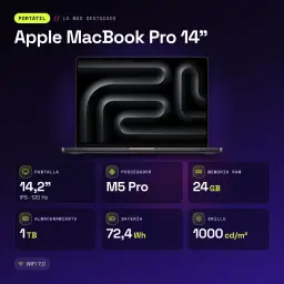 Ordinateur portable Apple MacBook Pro 14 pouces M5 Pro CPU 15/GPU 16 cœurs 24Go/1To SSD Noir sidéral - caractéristiques