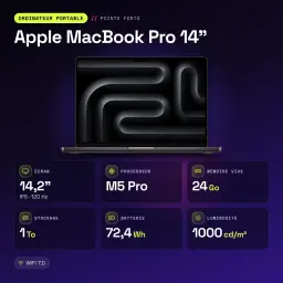 Ordinateur portable Apple MacBook Pro 14 pouces M5 Pro CPU 15/GPU 16 cœurs 24Go/1To SSD Noir sidéral - 307 GB/s