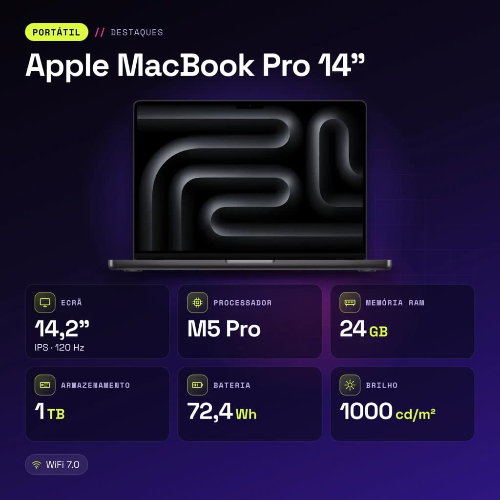 Ordinateur portable Apple MacBook Pro 14 pouces M5 Pro CPU 15/GPU 16 cœurs 24Go/1To SSD Noir sidéral - 36,1 cm (14.2")