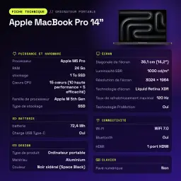 Ordinateur portable Apple MacBook Pro 14 pouces M5 Pro CPU 15/GPU 16 cœurs 24Go/1To SSD Noir sidéral - 1000 cd/m²