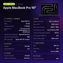 Ordinateur portable Apple MacBook Pro 14 pouces M5 Pro CPU 15/GPU 16 cœurs 24Go/1To SSD Noir sidéral - 1600 cd/m²