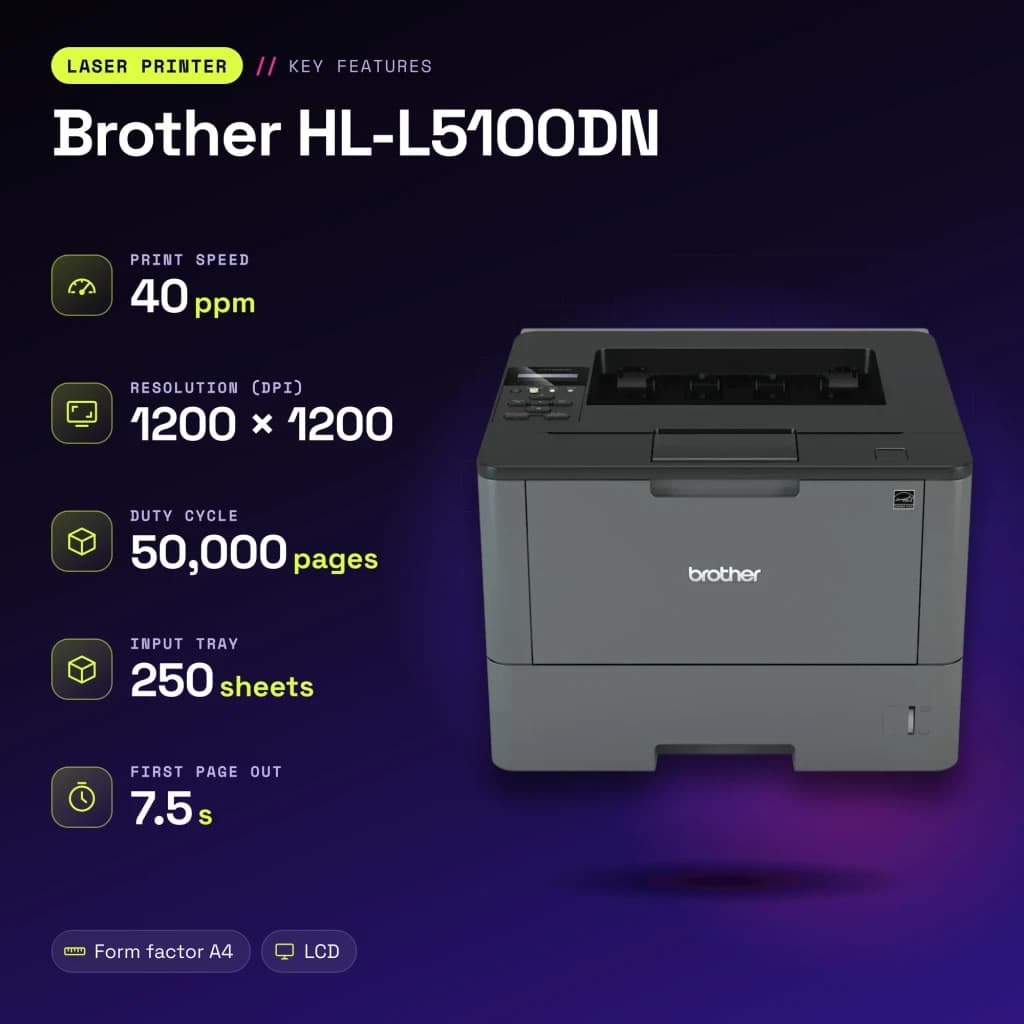 Imprimante Brother HL-L5100DN Laser Monochrome Recto Verso Noir - caractéristiques, 1200 x 1200 DPI