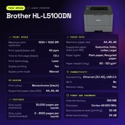 Imprimante Brother HL-L5100DN Laser Monochrome Recto Verso Noir - caractéristiques, 34 dB