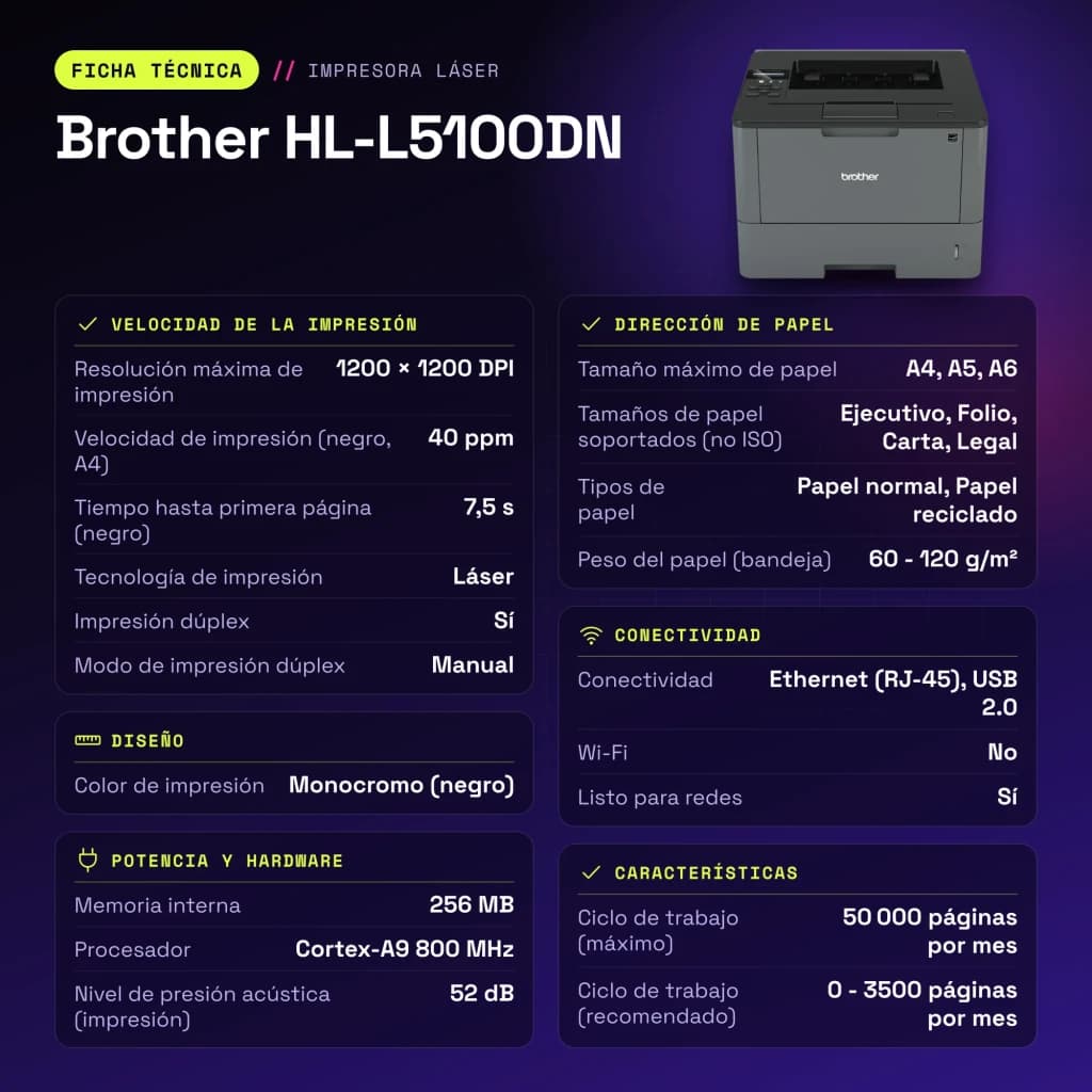 Imprimante Brother HL-L5100DN Laser Monochrome Recto Verso Noir - caractéristiques, 52 dB