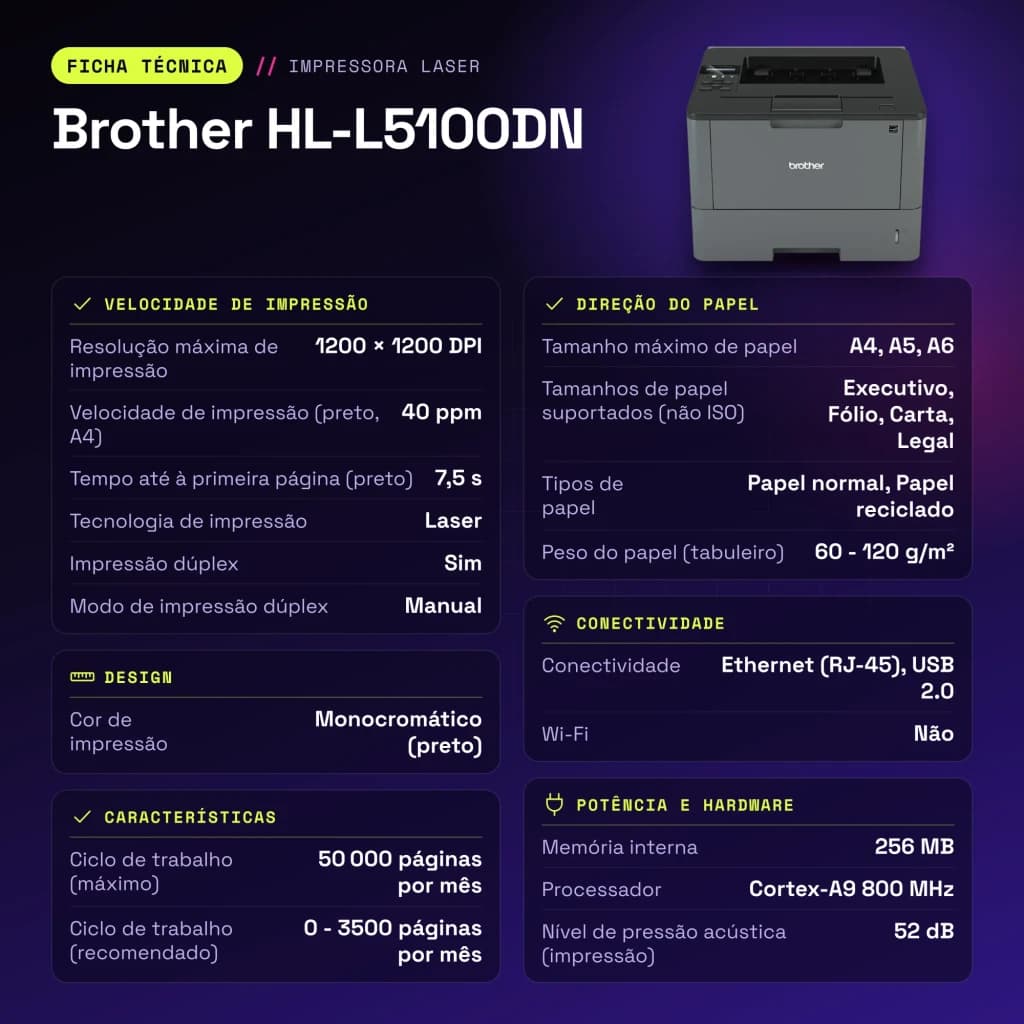 Imprimante Brother HL-L5100DN Laser Monochrome Recto Verso Noir - caractéristiques, 10,7 kg