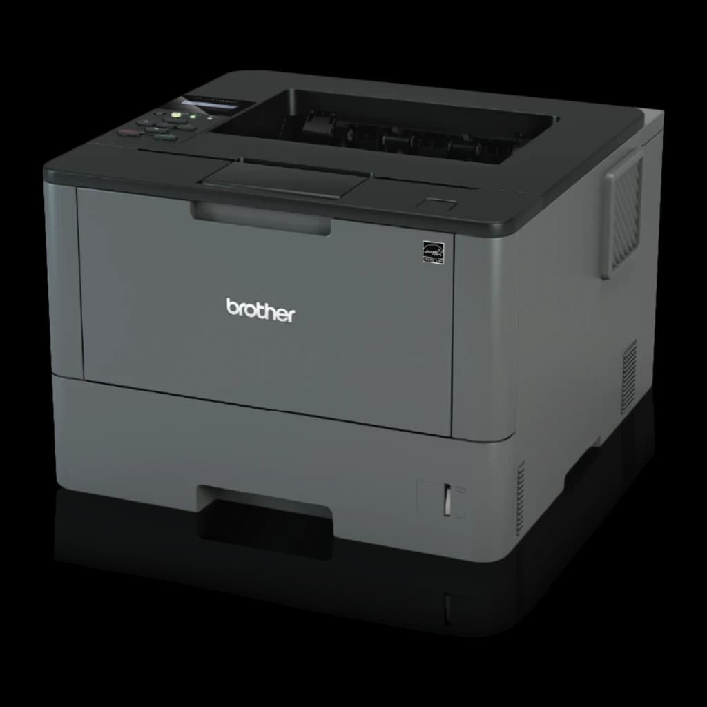 Imprimante Brother HL-L5100DN Laser Monochrome Recto Verso Noir - vue en angle avant-latéral, bac de sortie ouvert