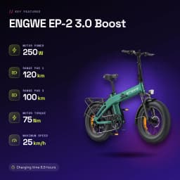 Bicicleta eléctrica plegable ENGWE EP-2 3.0 Boost 250W 120km 25km/h 20 pulgadas Verde - características, 75 Nm