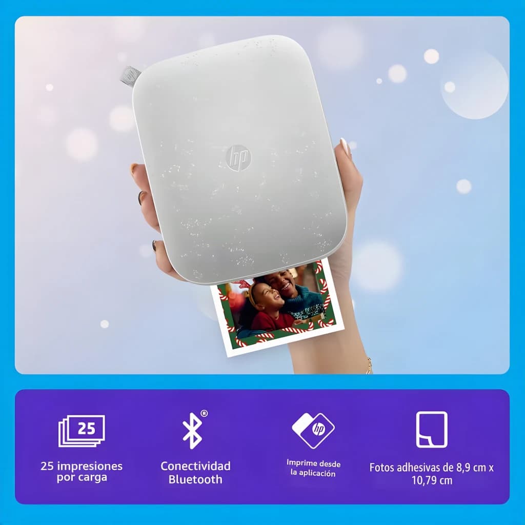Imprimante photo HP Sprocket 3x4 Couleur Blanc - photo sortant du slot, logo HP sur le dessus