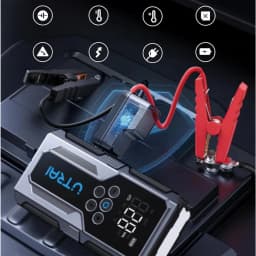 Arrancador de bateria UTRAI JS9 800A até 6L Gasolina / 4,5L Diesel - pinças vermelhas e pretas ligadas a bateria