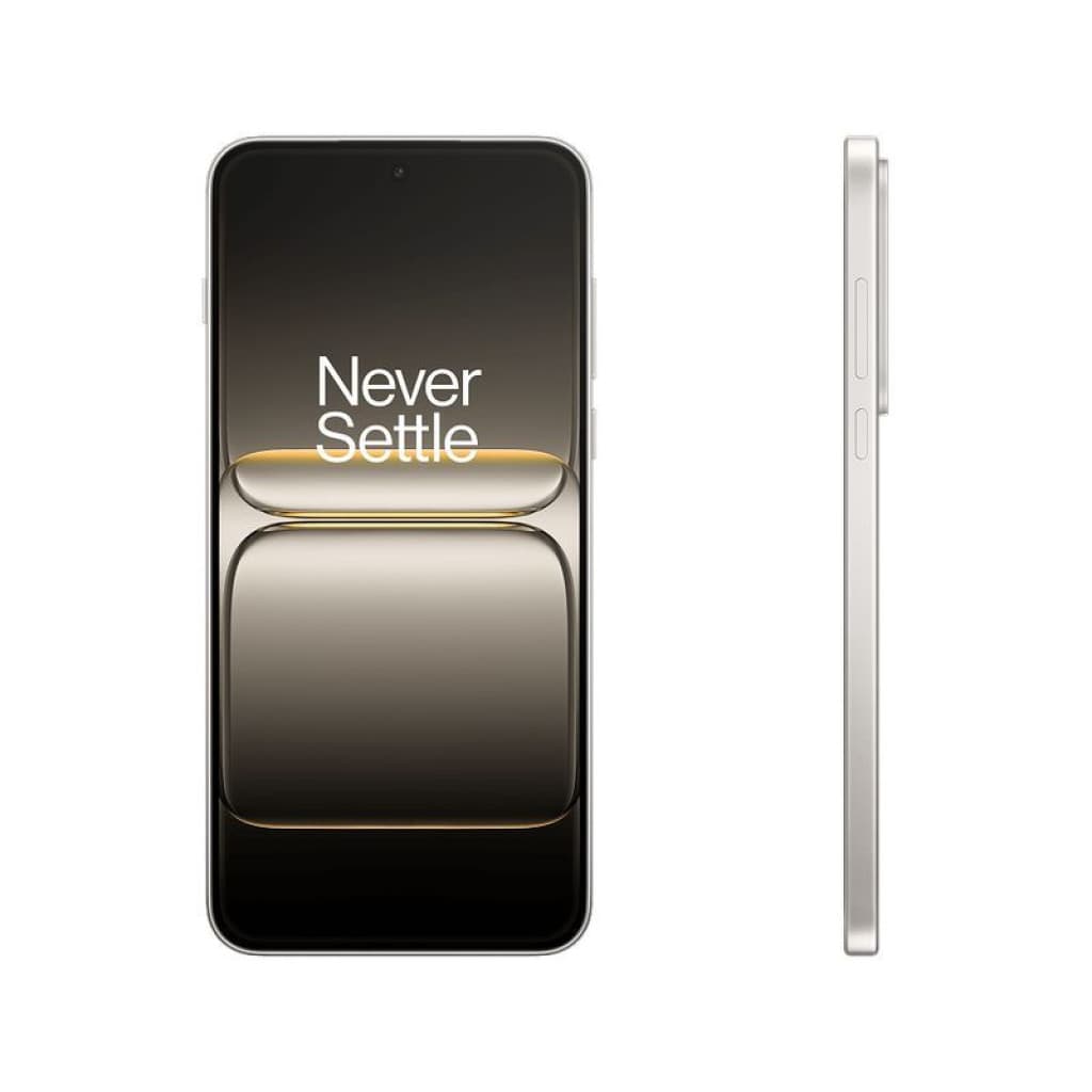 OnePlus Nord 5 5G cor Marble Sands com tela AMOLED 6,83 pol 144Hz, bordas finas, furo central para câmera frontal e laterais planas com botões à direita