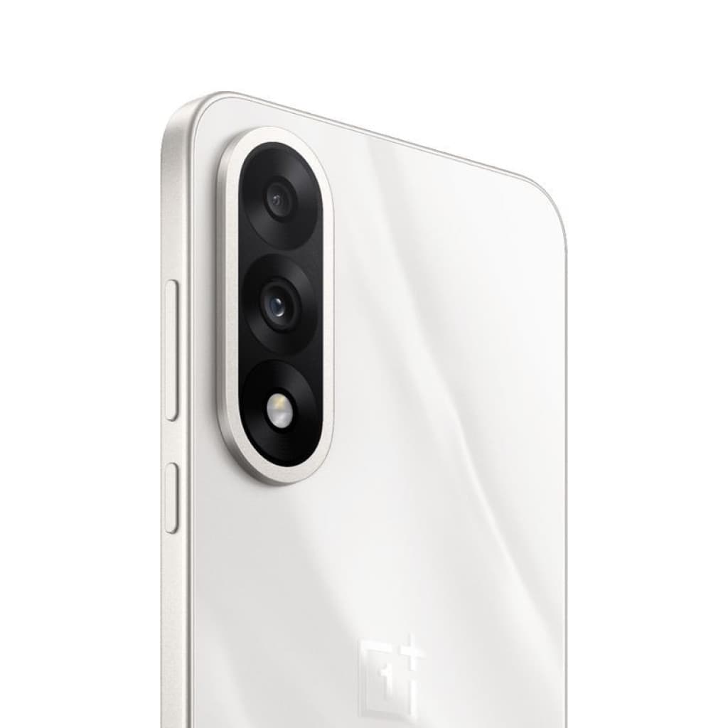 OnePlus Nord 5 5G Marble Sands em branco perolado, módulo de câmera dupla vertical com flash, laterais metálicas e botões finos, design elegante e