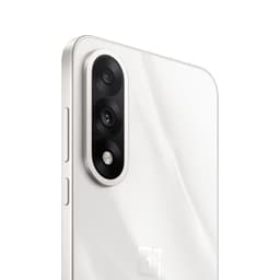 OnePlus Nord 5 5G Marble Sands em branco perolado, módulo de câmera dupla vertical com flash, laterais metálicas e botões finos, design elegante e