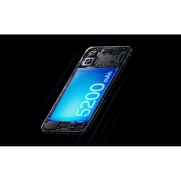 OnePlus Nord 5 5G Marble Sands exibindo interior com bateria 5200 mAh destacada, módulo duplo de câmera e design transparente técnico iluminado em azul