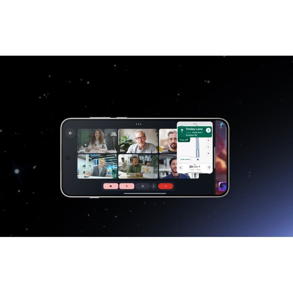 OnePlus Nord 5 5G Marble Sands exibindo tela AMOLED 6,83 com bordas finas; interface em chamada de vídeo e pop-up de mapa, design frontal com câmera