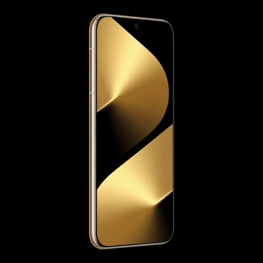 Huawei Pura 80 Ultra dorado con pantalla OLED 6.8 pulgadas casi sin bordes, perforación centrada y marco metálico delgado, acabado premium brillante