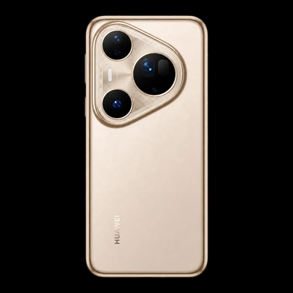 Módulo de cámara trasera dorado con triple lente grande y flash LED en Huawei Pura 80 Ultra; acabado premium y bordes curvos elegantes