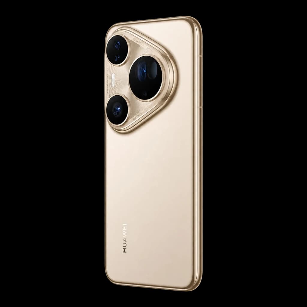Smartphone Huawei Pura 80 Ultra dorado con triple cámara trasera grande, módulo ovalado prominente y acabado metálico elegante en color champán