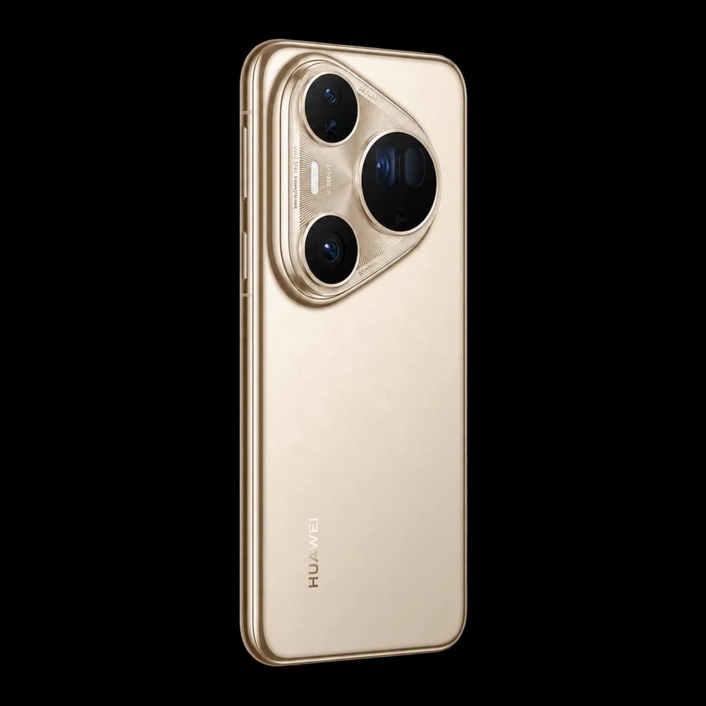 Huawei Pura 80 Ultra dorado con gran módulo triangular de triple cámara, acabado metálico brillante y bordes curvos elegantes
