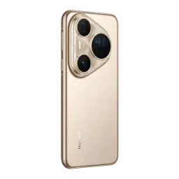 Huawei Pura 80 Ultra dorado con gran módulo triangular de triple cámara, acabado metálico brillante y bordes curvos elegantes