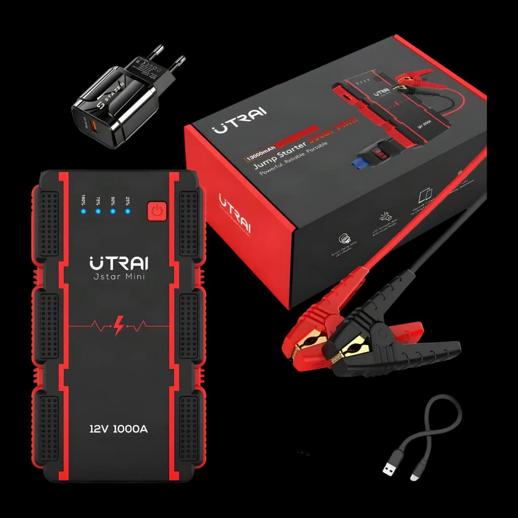Arrancador de bateria UTRAI JS Mini 800A até 6L Gasolina / 4,5L Diesel - unidade frontal, caixa, pinças, carregador