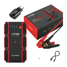 Arrancador de bateria UTRAI JS Mini 800A até 6L Gasolina / 4,5L Diesel - unidade frontal, caixa, pinças, carregador