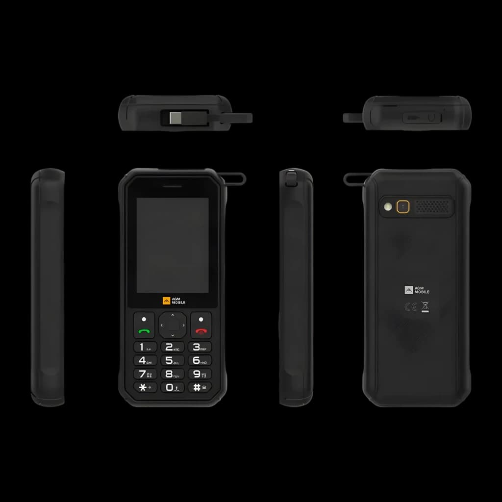AGM Mobile 4000mAh Noir IP68/IP69K 2.8 pouces - face avec clavier numérique, dos avec caméra, côtés et ports