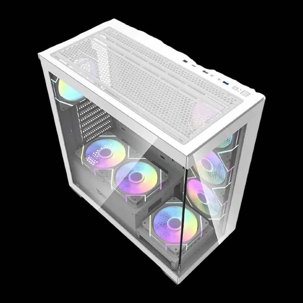 Caja PC Darkflash DS900 Doble Cristal Templado ATX Blanco - vista en perspectiva con 6 ventiladores ARGB visibles