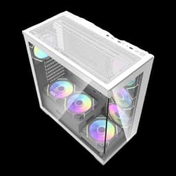 Caja PC Darkflash DS900 Doble Cristal Templado ATX Blanco - vista en perspectiva con 6 ventiladores ARGB visibles
