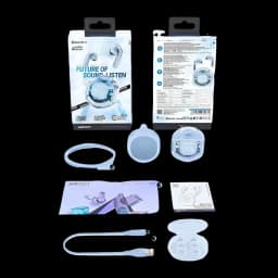 Écouteurs Acefast T8 Crystal TWS Bluetooth 5.3 Bleu Clair - packaging recto verso, étui, câbles, écouteurs et accessoires