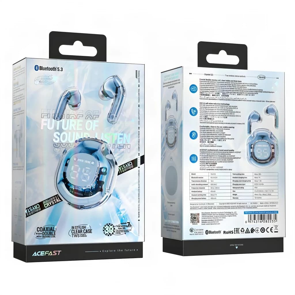 Écouteurs Acefast T8 Crystal TWS Bluetooth 5.3 Bleu Clair - packaging recto-verso avec spécifications et écouteurs