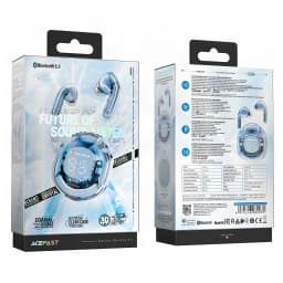 Écouteurs Acefast T8 Crystal TWS Bluetooth 5.3 Bleu Clair - packaging recto-verso avec spécifications et écouteurs