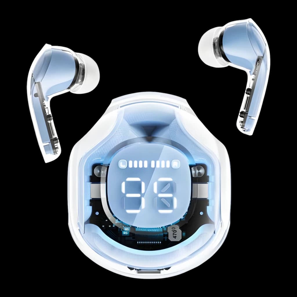 Écouteurs Acefast T8 Crystal TWS Bluetooth 5.3 Bleu Clair - boîtier transparent avec affichage LED et circuits visibles