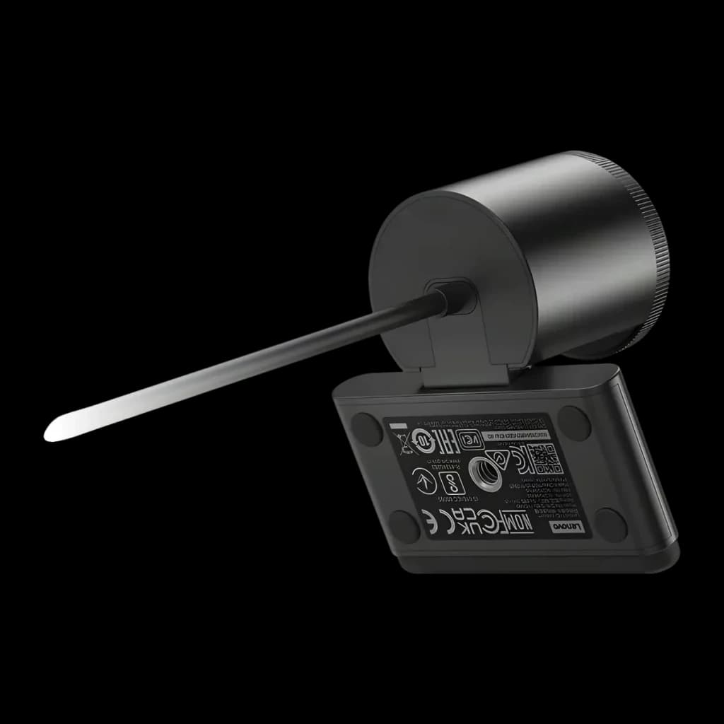 Webcam Lenovo FHD Full HD Preta 4XC1Q44952 - base com etiqueta de certificações e lente cilíndrica